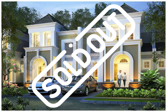 Tampak depan rumah tipe Abelia di Klaster Arborside, CitraLand Cirebon. Rumah dua lantai dengan arsitektur modern klasik, terlihat dua mobil terparkir di depannya, dan stempel "Sold Out" yang jelas.