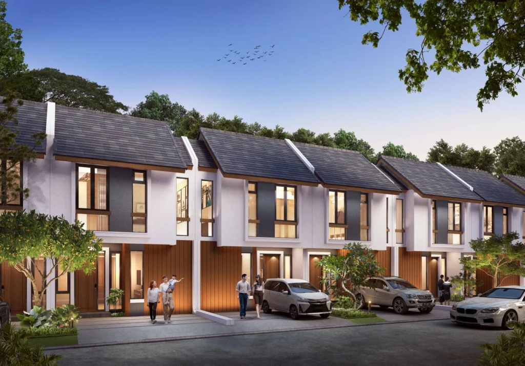 Tampak depan deretan rumah tipe Iris di Klaster The Crescent Tree, CitraLand Cirebon. Rumah dua lantai dengan desain modern minimalis dan nuansa hangat, terlihat beberapa orang dan mobil terparkir di depannya.