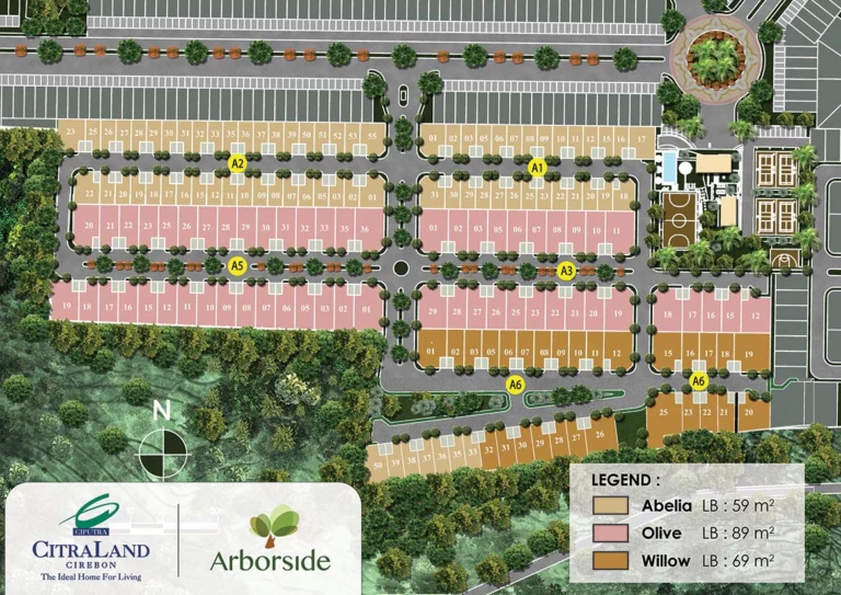 Masterplan klaster Arborside, CitraLand Cirebon. Menunjukkan denah perumahan dengan tata letak unit-unit rumah tipe Abelia, Olive, dan Willow, serta fasilitas seperti taman, area parkir, dan lapangan olahraga.