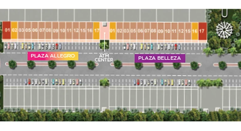 Masterplan Alegro Plaza, kawasan komersial di CitraLand Cirebon. Menunjukkan denah ruko, area parkir yang luas, dan fasilitas lainnya seperti ATM center, serta menunjukkan lokasi Plaza Alegro dan Plaza Belleza.