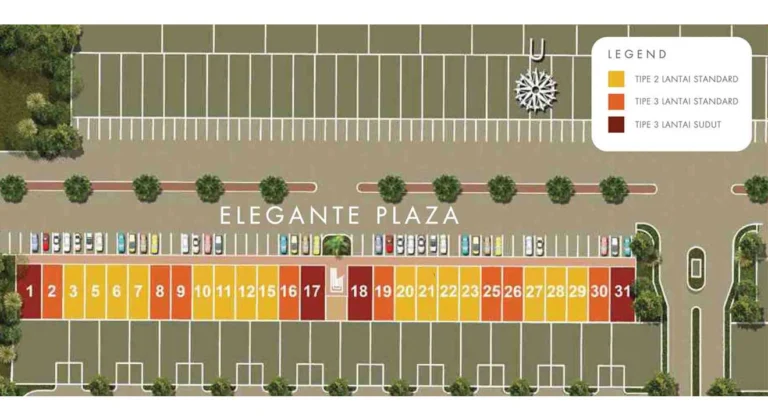 Masterplan Elegante Plaza, kawasan komersial di CitraLand Cirebon. Menunjukkan denah ruko dengan tipe 2 lantai, 3 lantai standar, dan 3 lantai sudut, serta area parkir yang luas.