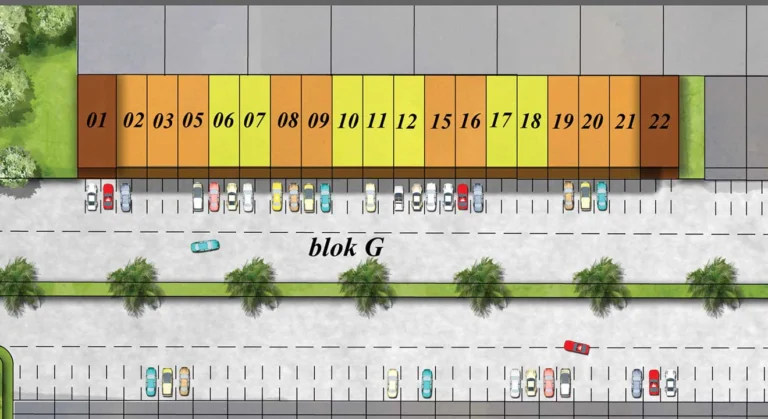 Masterplan Grandeur Plaza, kawasan komersial di CitraLand Cirebon. Menunjukkan denah ruko Blok G, area parkir yang luas, dan tata letak unit-unit ruko.