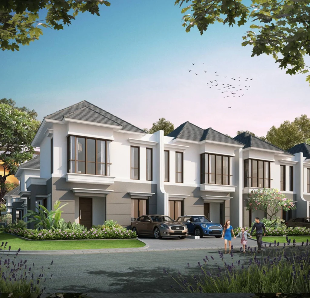 Tampak depan rumah tipe Ventura di Klaster The Crescent Tree, CitraLand Cirebon. Rumah dua lantai dengan arsitektur modern minimalis berwarna putih dan abu-abu, dikelilingi taman asri.