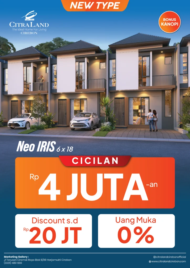 Tentu, ini adalah flyer promo yang sangat kuat dan berfokus pada harga serta penawaran menarik. Kita akan optimalkan kontennya untuk menonjolkan nilai jual dan kemudahan finansial.Berikut adalah usulan alt image text, meta title, caption, dan description untuk Flyer Neo IRIS (Tipe Baru):💰 Detail Konten untuk Flyer Promo Neo IRIS (New Type)ElemenSaran KontenKeterangan & TujuanAlt Image TextPromo rumah new type Neo Iris 6x18 CitraLand Cirebon, cicilan mulai 4 jutaan, diskon 20 juta, dan uang muka 0%