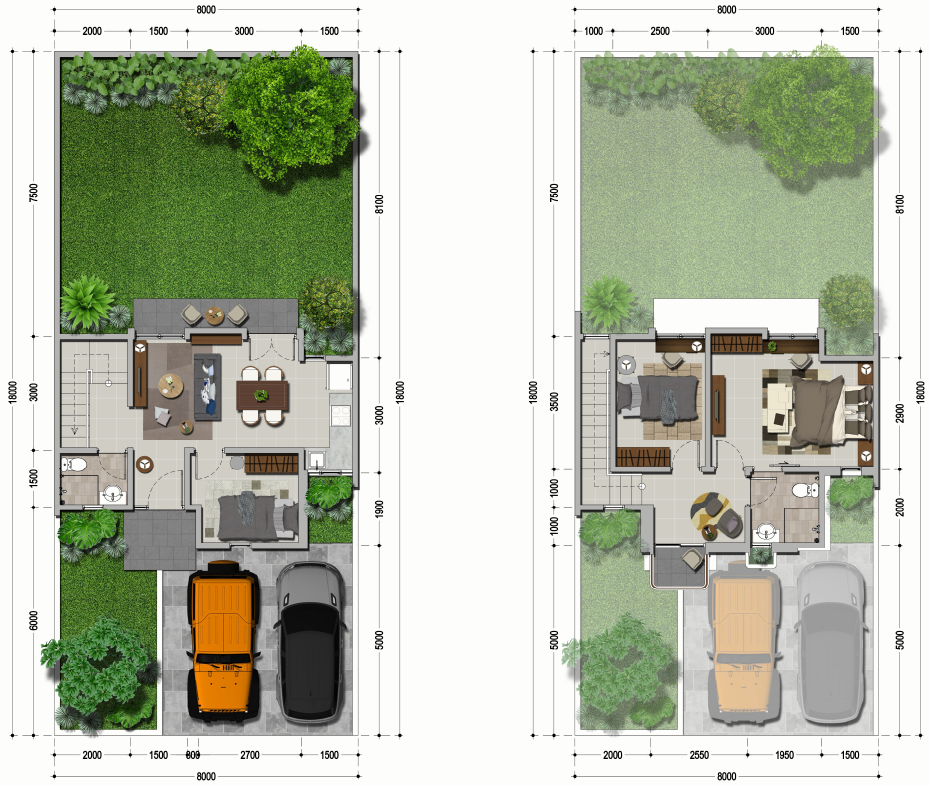 Denah rumah Tipe Primrose Citraland Cirebon 2 lantai, meliputi tata letak lantai 1 dan 2 dengan 3 kamar tidur dan carport ganda.
